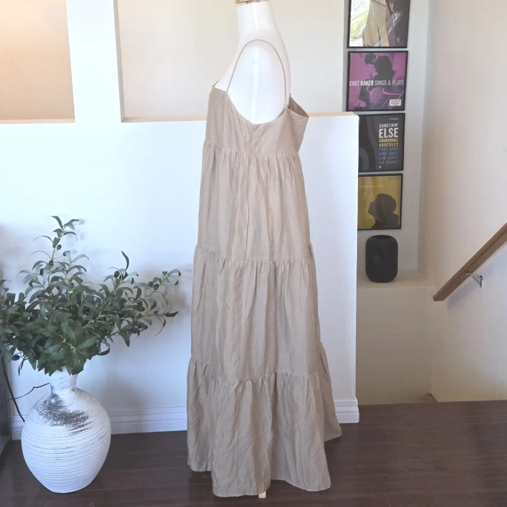 REVOLVE L' Academie Kiyama Maxi Dress Size Large Tan Oat Pockets Linen Blend - Picture 8 of 12